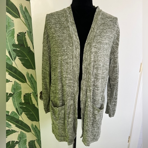 Harmony Balance Heathered Green Open Front Split Back Tunic Sweater Cardigan L - Picture 1 of 3